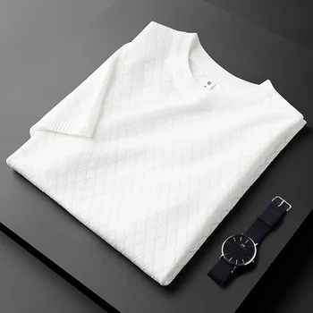 Aukštos kokybės Pledas megzti marškinėliai vyriški 2023 vasaros korėjos mados slim apvalios kaklo vyriški trumpomis rankovėmis plonas tuščiaviduriai pusė rankovės