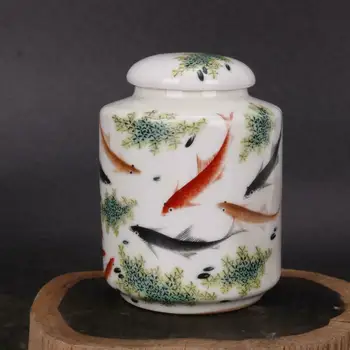 Kinijos antikvariniai daiktai Handmake Porceliano Pastelinių žuvų modelis arbatos lapų jar qq32