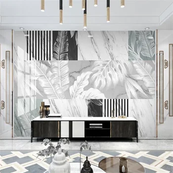 wellyu Užsakymą tapetai 3d džiazo balto marmuro geometrinės linijos tropinių augalų lapai akmens modelį, TV foną
