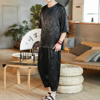 Kinų Stiliaus Ledo Šilko Žakardo Vyrų Kostiumas Apvalios Kaklo Plonas Skirsnio Laisvi marškinėliai Plius Kelnės Atsitiktinis Mados Namų Drabužiai Pižama
