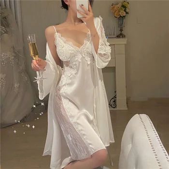 Naujas nightdress rinkinys sexy ledas plonas šilko slydimo suknelė nėrinių suknelė cardigan