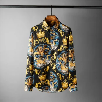 Minglu Vyrų Marškinėliai Royal Allover Spausdinimo Šalies Naktinis Klubas Mens Marškinėliai Mados Atsitiktinis Marškinėliai Ilgomis Rankovėmis Vyras Slim Mens Suknelė Marškiniai