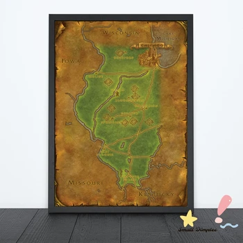 Ilinojus - World Of Warcraft Stiliaus Žemėlapį Žaidimas Plakatas Drobė Art Print Namų Apdaila, Sienų Dažymas ( Be Rėmelio )