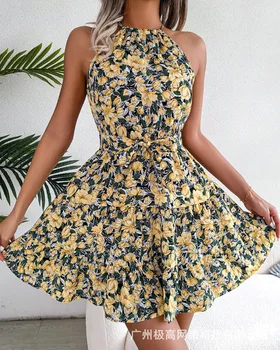 Gėlių Spausdinti Susieta Išsamiai Dizaino Suknelė Moterims Pavasario Vasaros 2023 Rankovių Aukštos Juosmens Seksuali Mini Suknelė