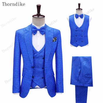 Thorndike Royal Blue Mados Groomsmen Jaunikis Tuxedos Vyrų Kostiumai Šalis Vestuvių/Prom Geriausias Švarkas ( Striukė+Kelnės+Liemenė)