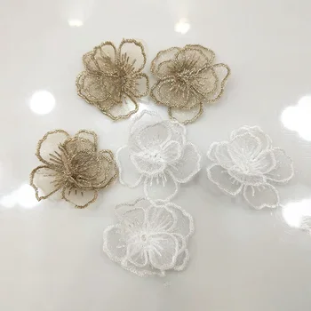 10vnt Išsiuvinėti Nėriniai Gėlės Pleistrai Siūti Balta/Sub Aukso Organza 3D Gėlių Appliques, 