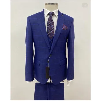 Kostiumas Homme Blue Pledas Vyrų Kostiumai Žingsniu Atvartas 1 Mygtuką Jaunikis Tuxedos Prom Terno Masculino Slim Fit Blazer 3 Vnt Striukė+Ziajać+Liemenė
